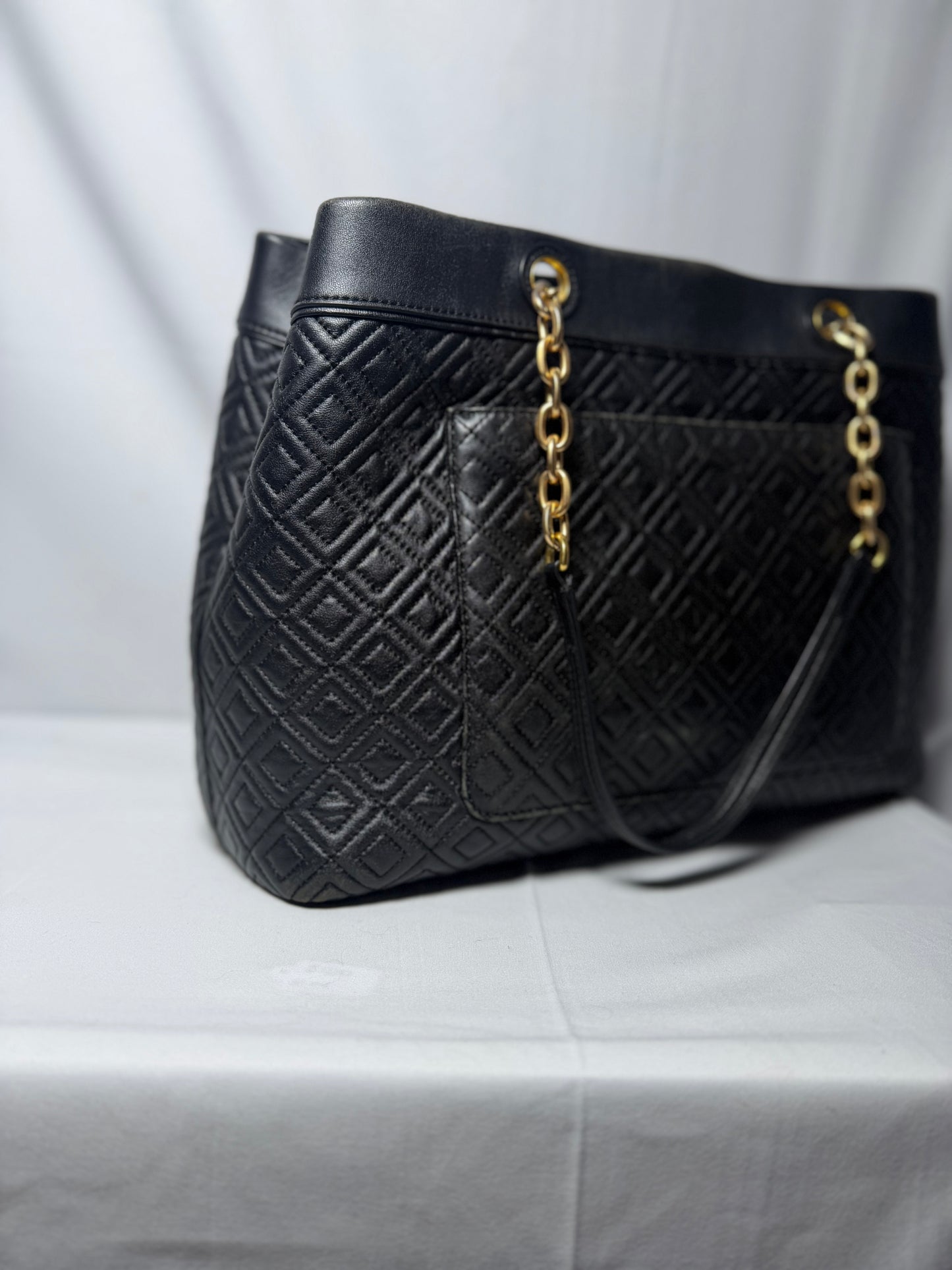 Tory Burch Black Qulited Leather Fleming Tote Bag