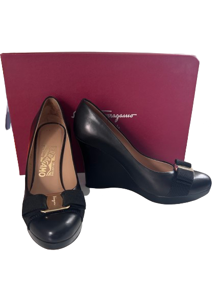 Salvatore Ferragamo Black Wedged Heels with Bows