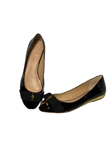 Tory Burch Black Bow Patent Leather Slim Heel Flats
