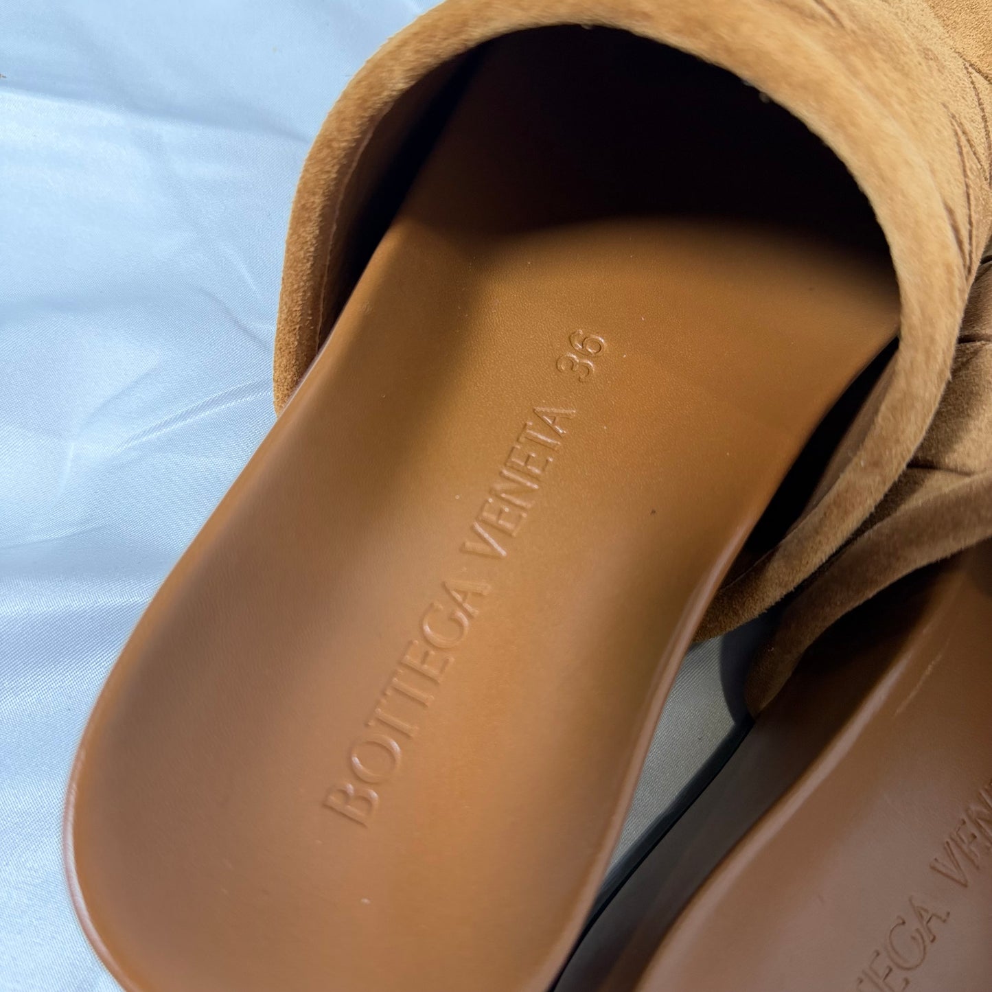 Bottega Veneta Tan Suede Woven Slide Mules Size 36