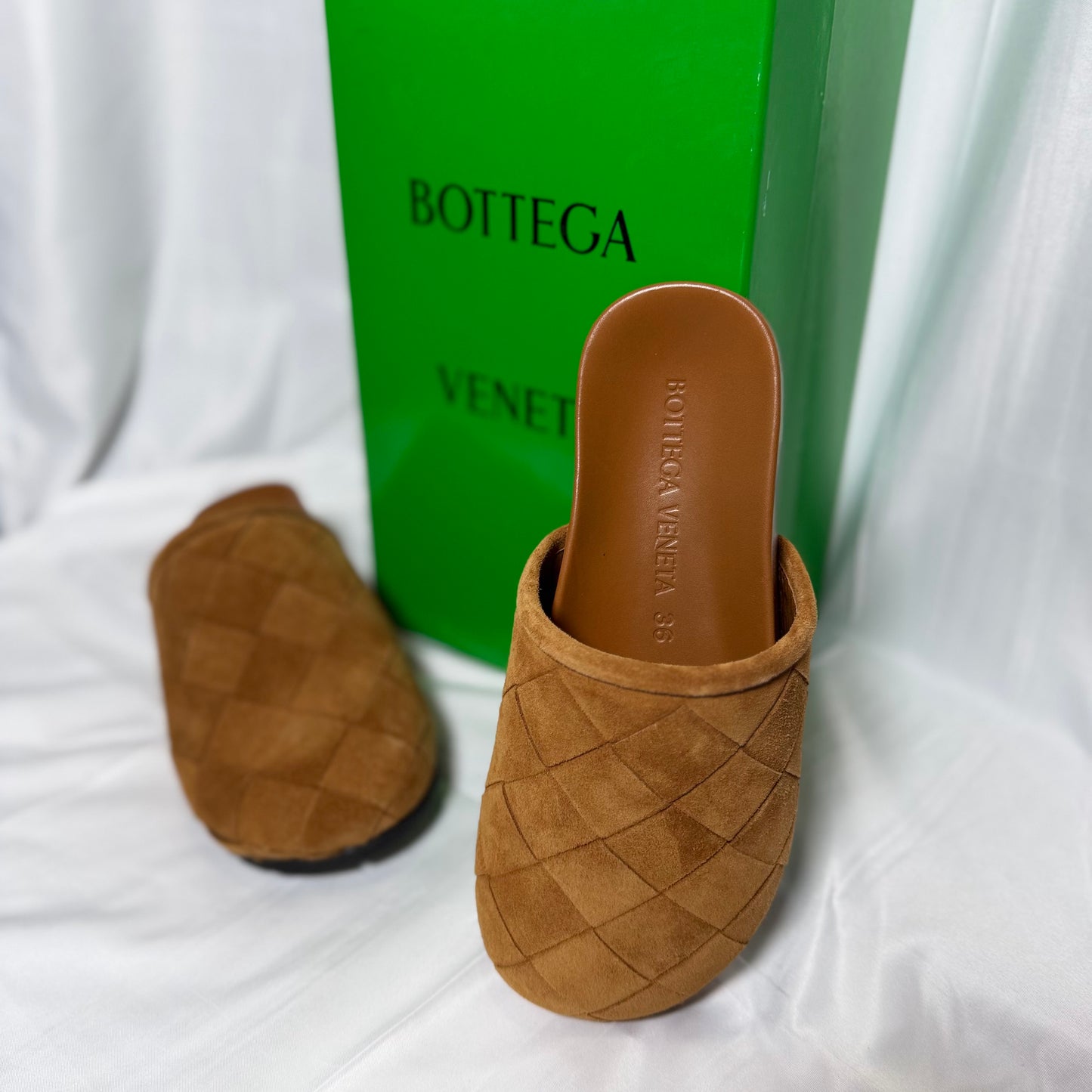 Bottega Veneta Tan Suede Woven Slide Mules Size 36