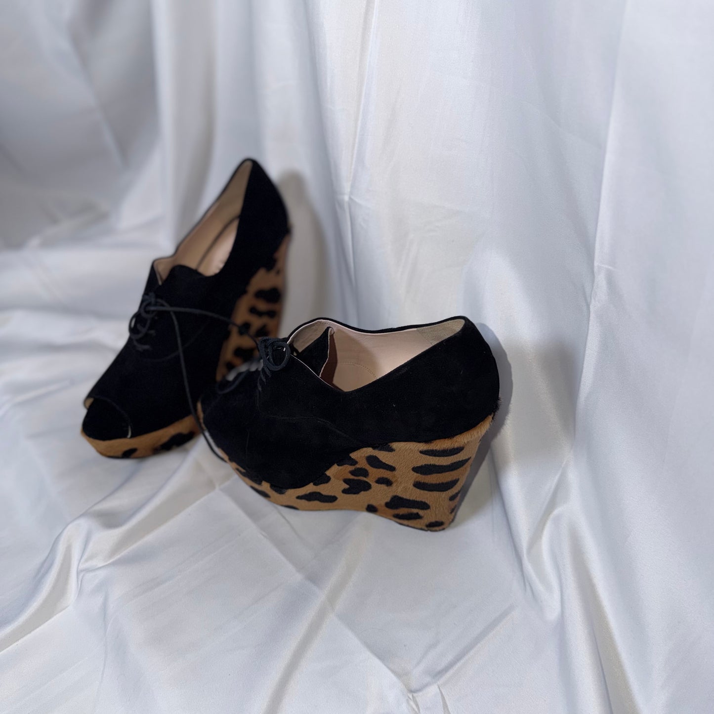 Prada Black Cheetah Print Platform Wedge Heels