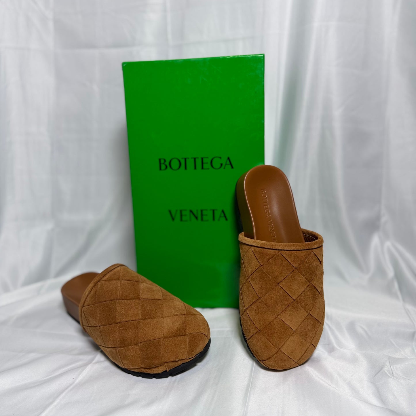 Bottega Veneta Tan Suede Woven Slide Mules Size 36