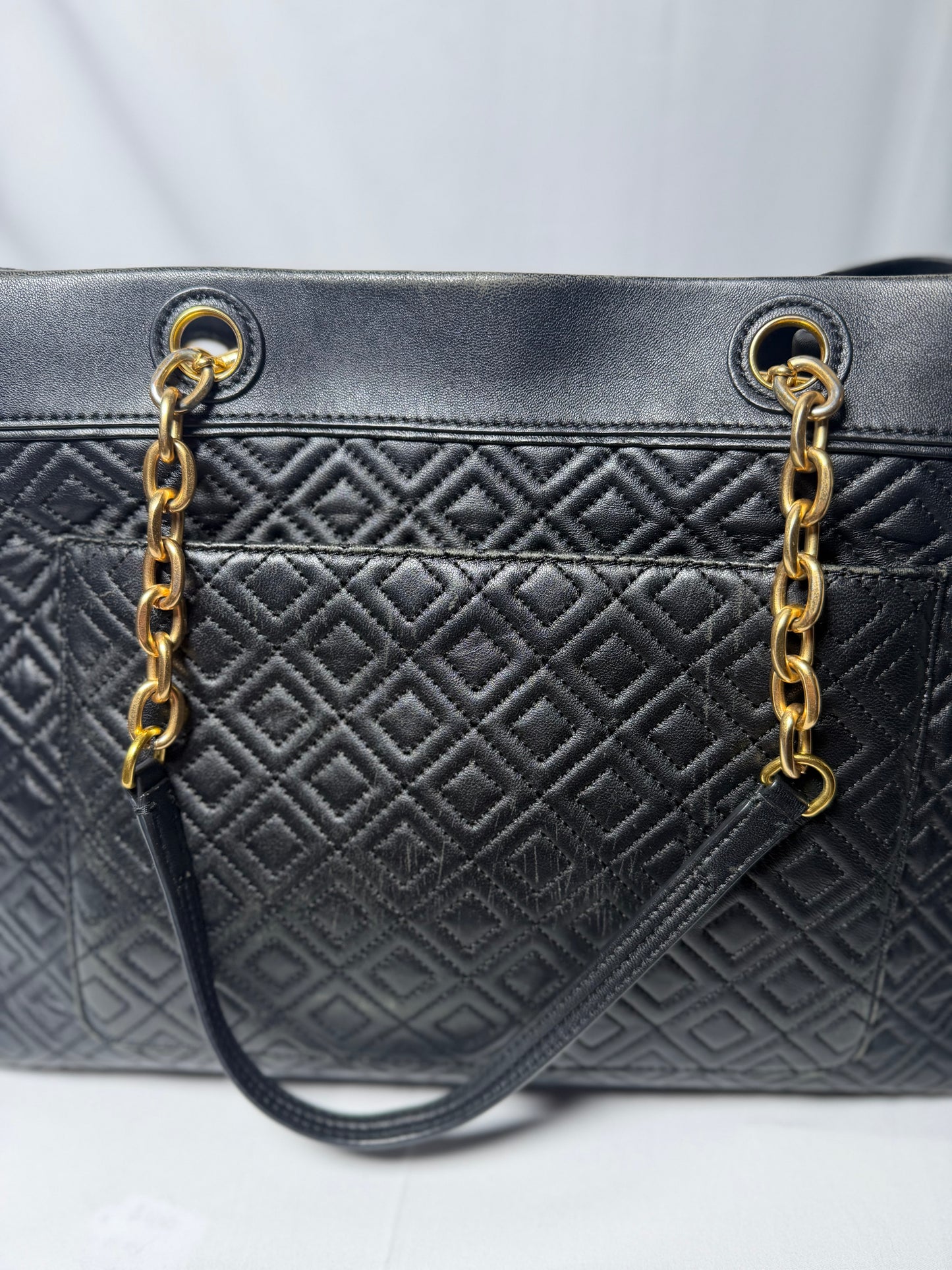Tory Burch Black Qulited Leather Fleming Tote Bag