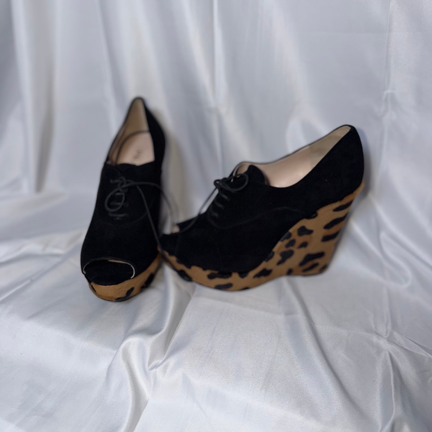 Prada Black Cheetah Print Platform Wedge Heels