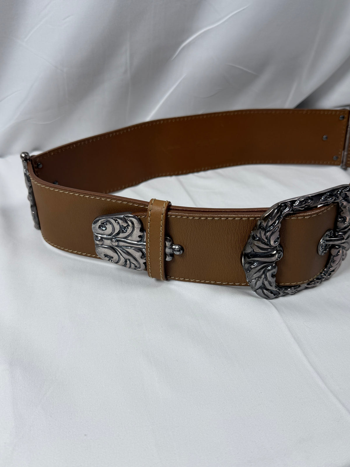 Bottega Veneta Brown Leather Belt with Silver Buckle