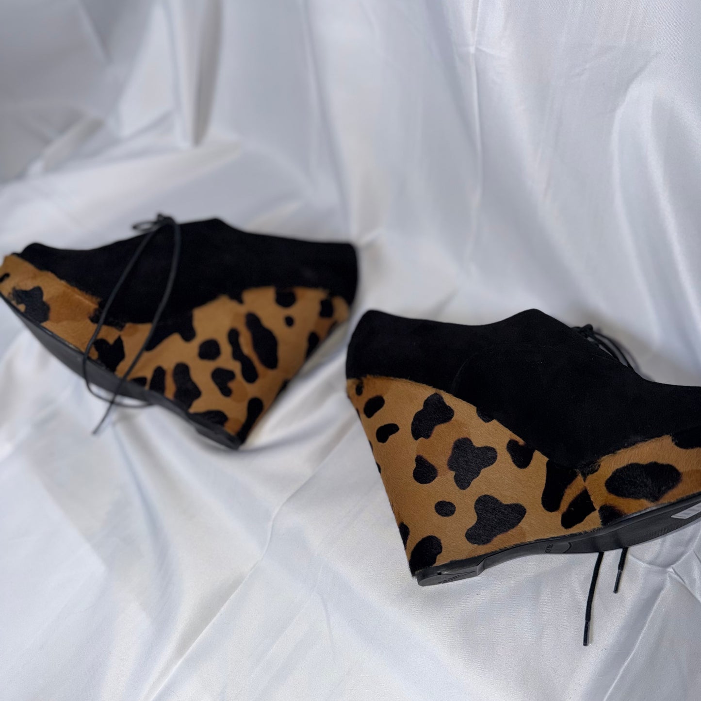 Prada Black Cheetah Print Platform Wedge Heels