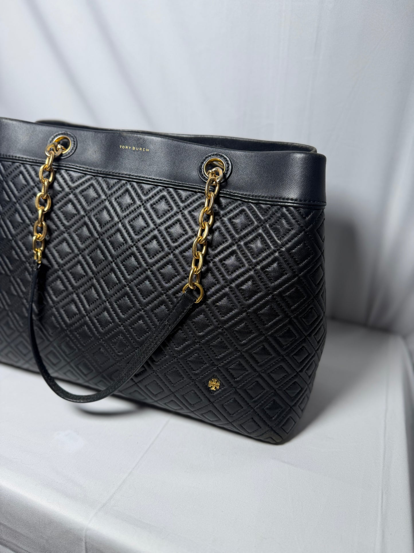 Tory Burch Black Qulited Leather Fleming Tote Bag