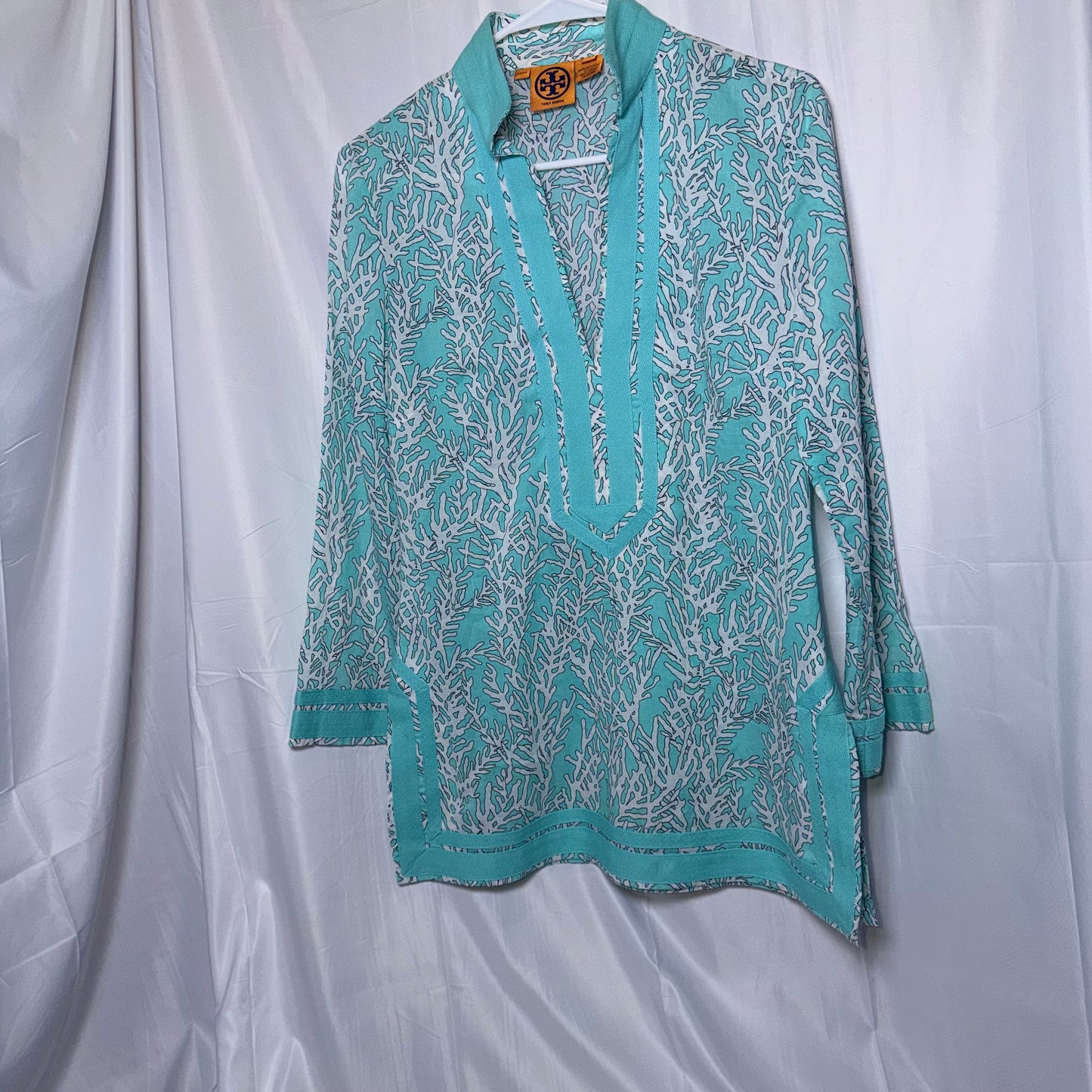 Tory Burch Teal and White Coral Blouse