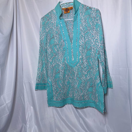 Tory Burch Teal and White Coral Blouse