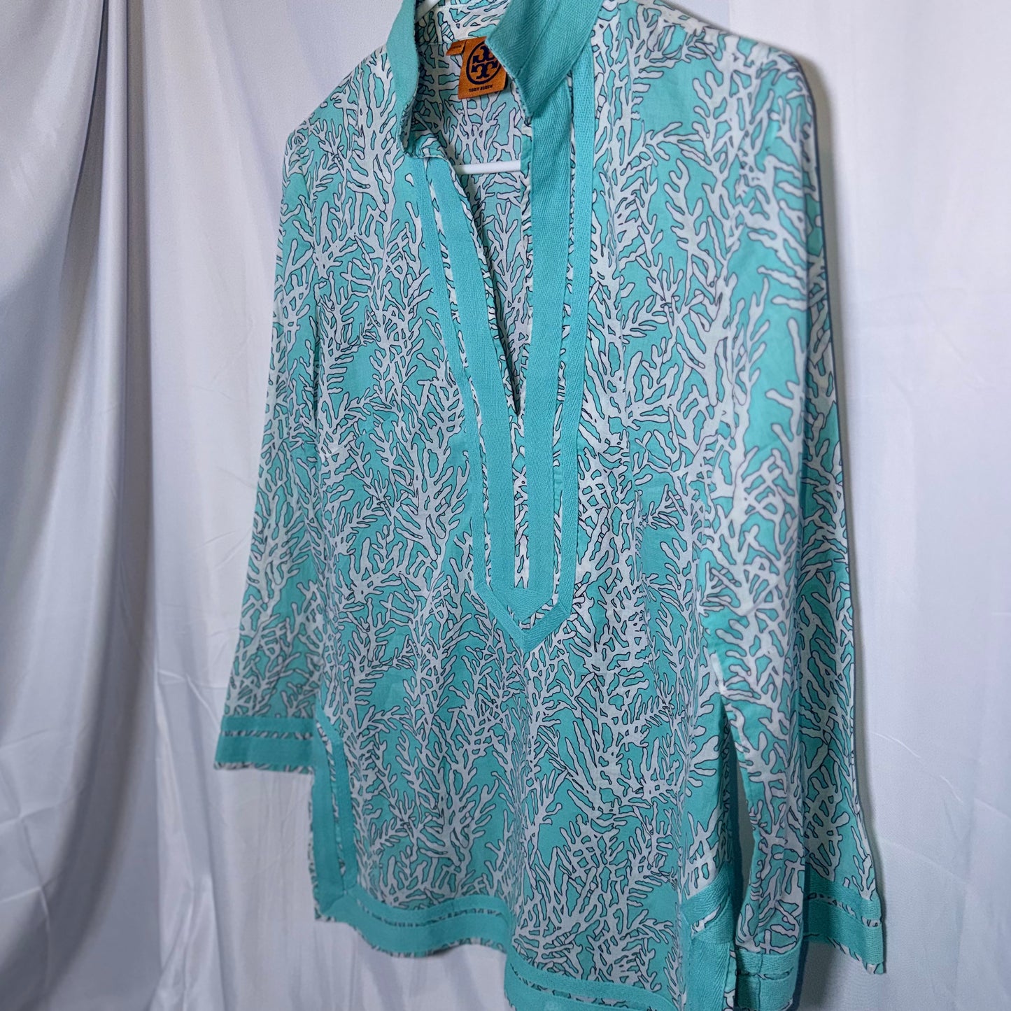 Tory Burch Teal and White Coral Blouse